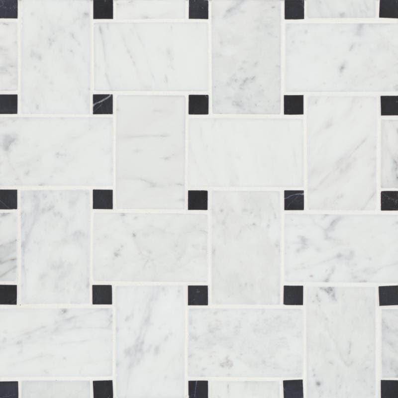 Bedrosians Marble 11.22"x11.22" Jumbo Basket Weave Mosaics Honed White Carrara / Absolute Black Dot