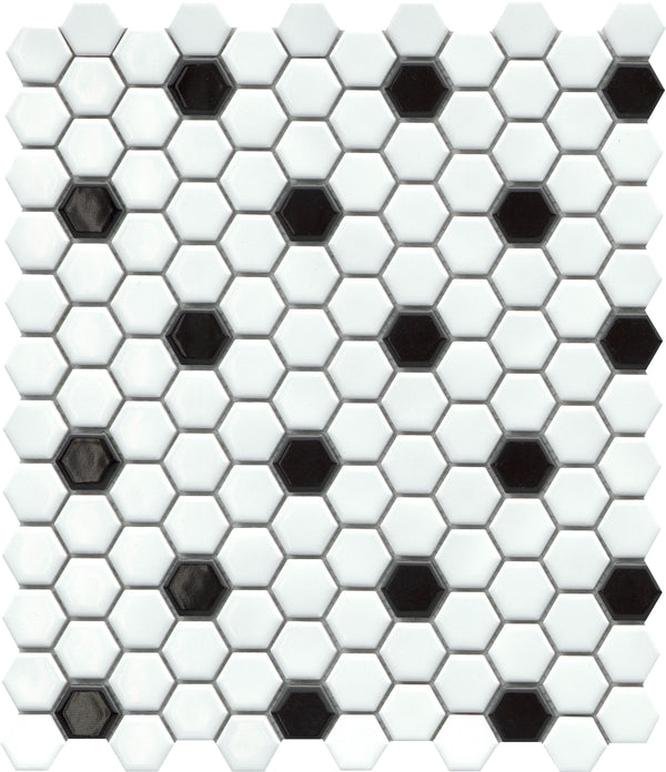 Emser Influence 10"x12" Hexagon Mosaic 1"x1" Polished White & Black