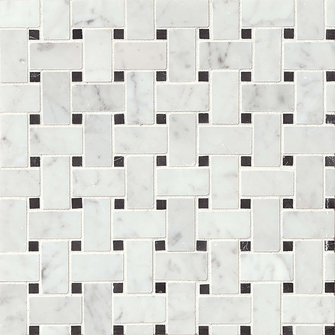 Bedrosians Basket Weave Mosaics 12" X 12"  White Carrara and Black Marble Dot