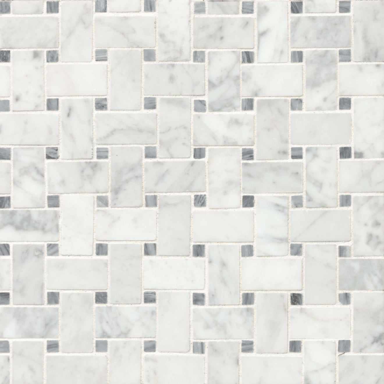 Bedrosians Basket Weave Mosaics 12" X 12"  White Carrara and Grey Marble Dot