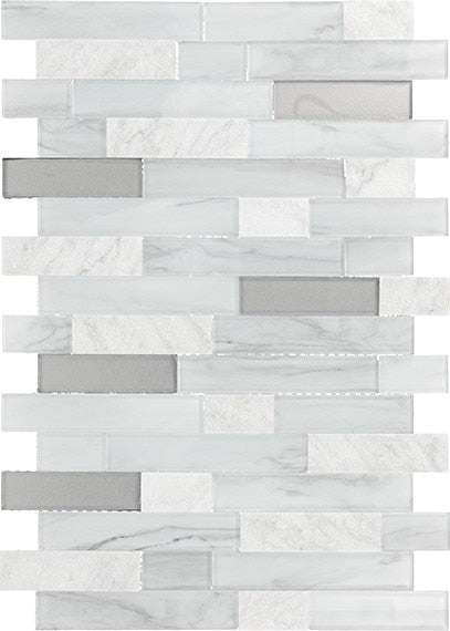 Daltile Perfit Mosaix 18" X RL" Mosaic White Carrara & Glass / Straight Stack 1" X 4"