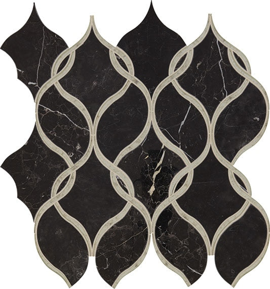 Daltile Lavaliere 12" X 13" Arabesque Mosaic Polished Nero Marquina /Antique Mirror